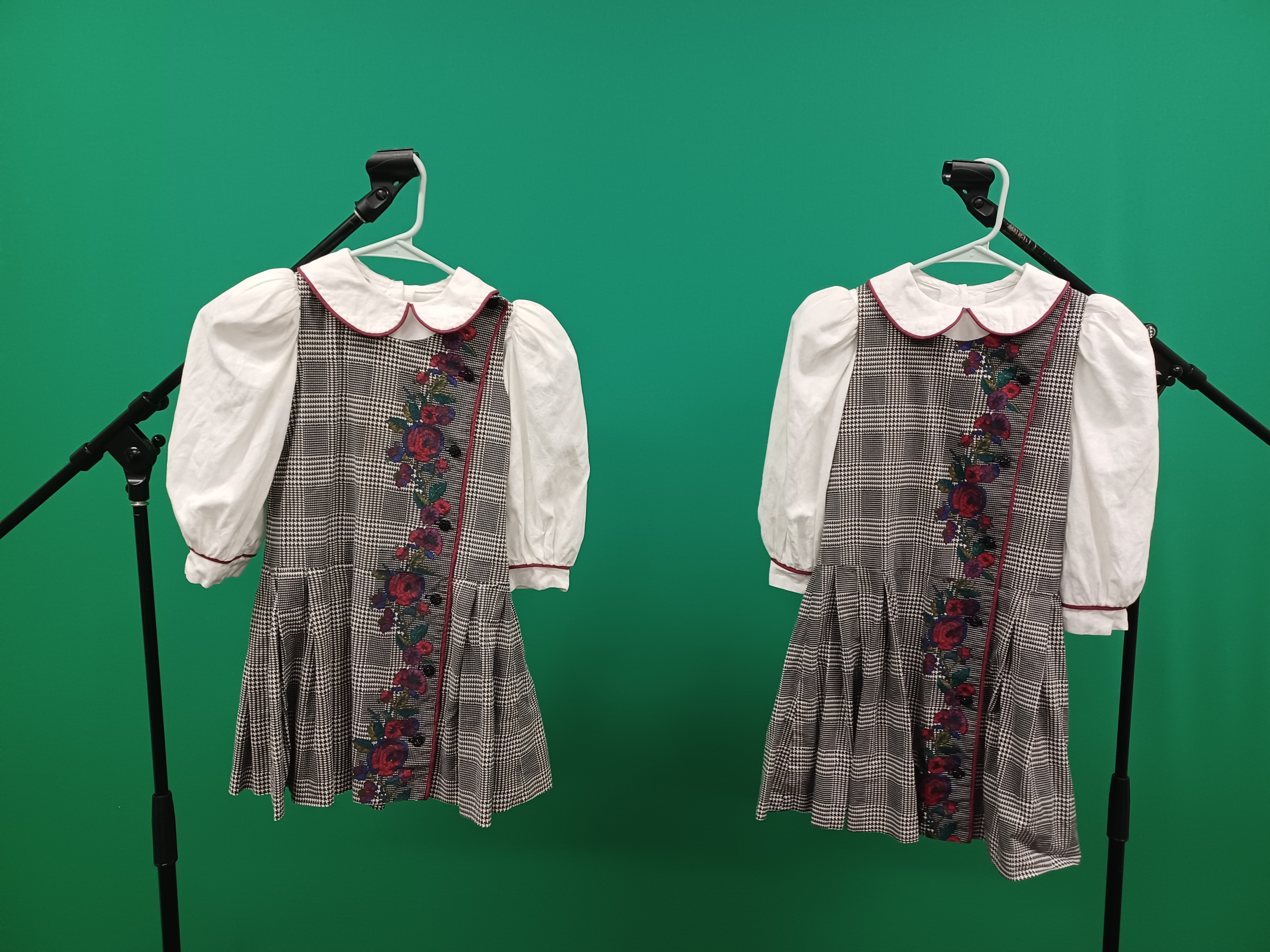 Houndstooth Pinafore with White Puff-Sleeved Blouse